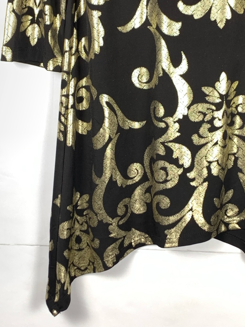 LBISSE Tunic Top XL Black Gold Baroque Metallic 3/4 Sleeve Handkerchief Hem - Picture 6 of 14